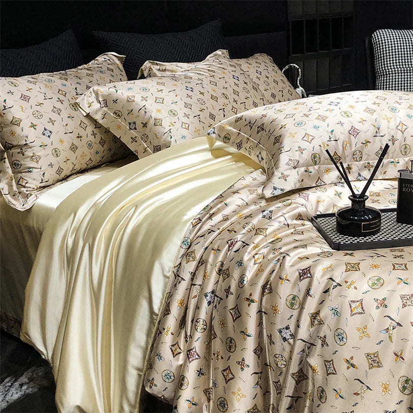 Floral Silk Bedding Set with Duvet Cover Bed Sheet Pillowcase Luxury Couple Single Double King Queen Soft Bedsheet Nordic Smooth