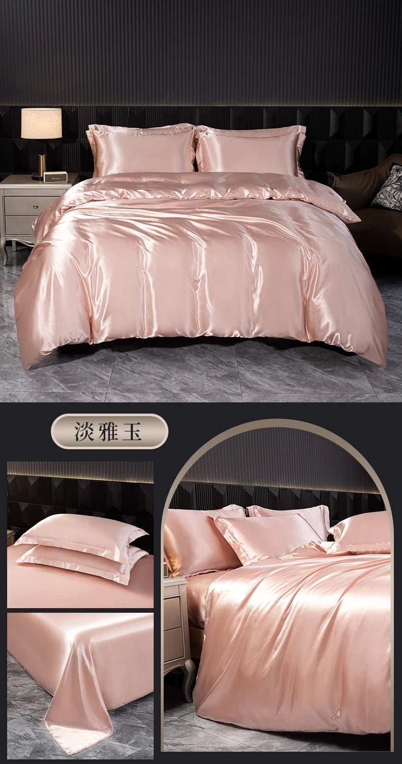 Solid Silk Bedding Set with Duvet Cover Bed Sheet Pillowcases Luxury Satin Single Double Bedsheet King Queen Twin Size