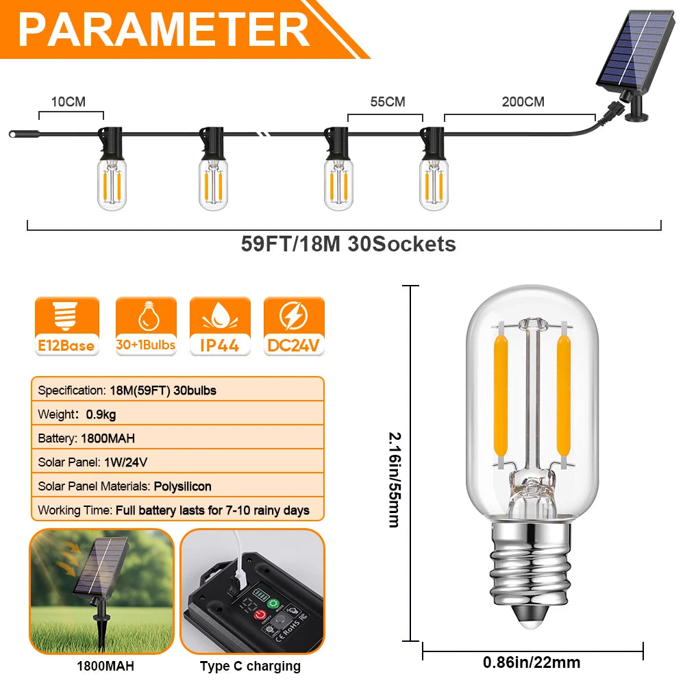 Solar String Light Outdoor Waterproof T22 Bulbs LED Solar Powered Patio Lights for Outside Porch Backyard Bistro Garden Market