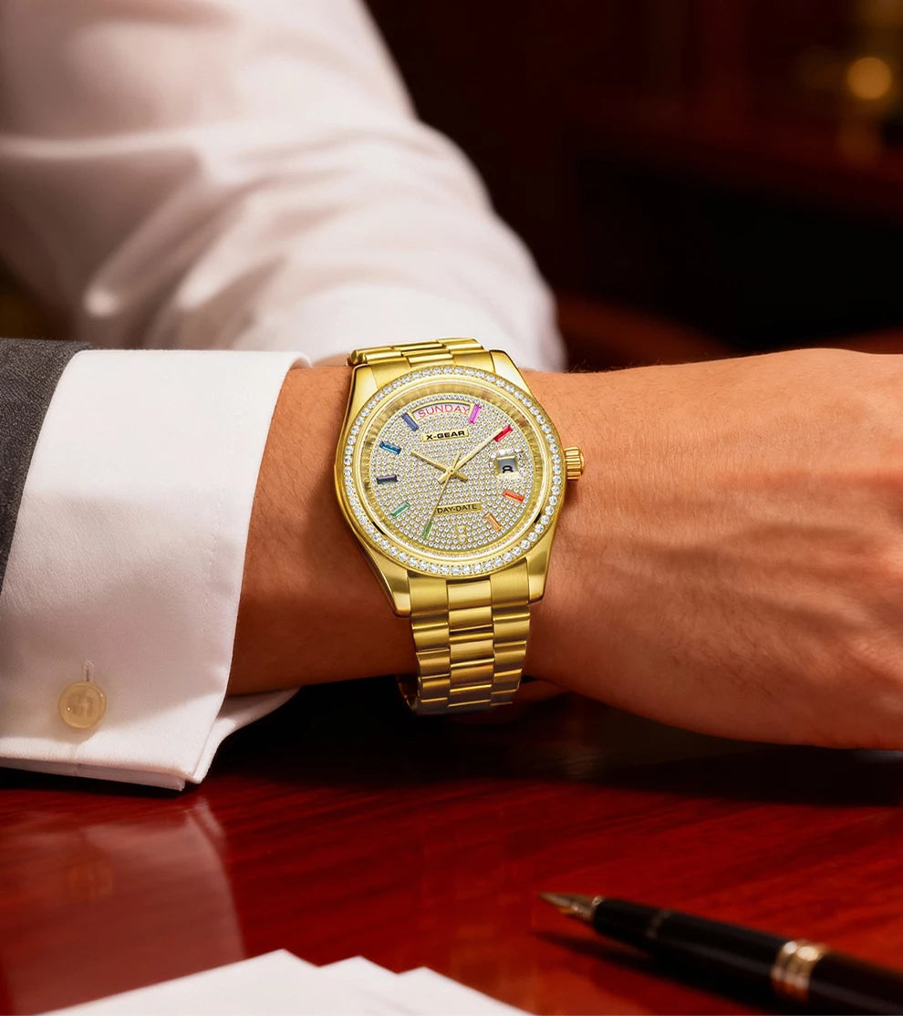 X-GEAR Men Luxury Watches Full diamond dial Diamond bezel Mechanical Watch Luminous Date Week Display Stainless Steel Case Strap