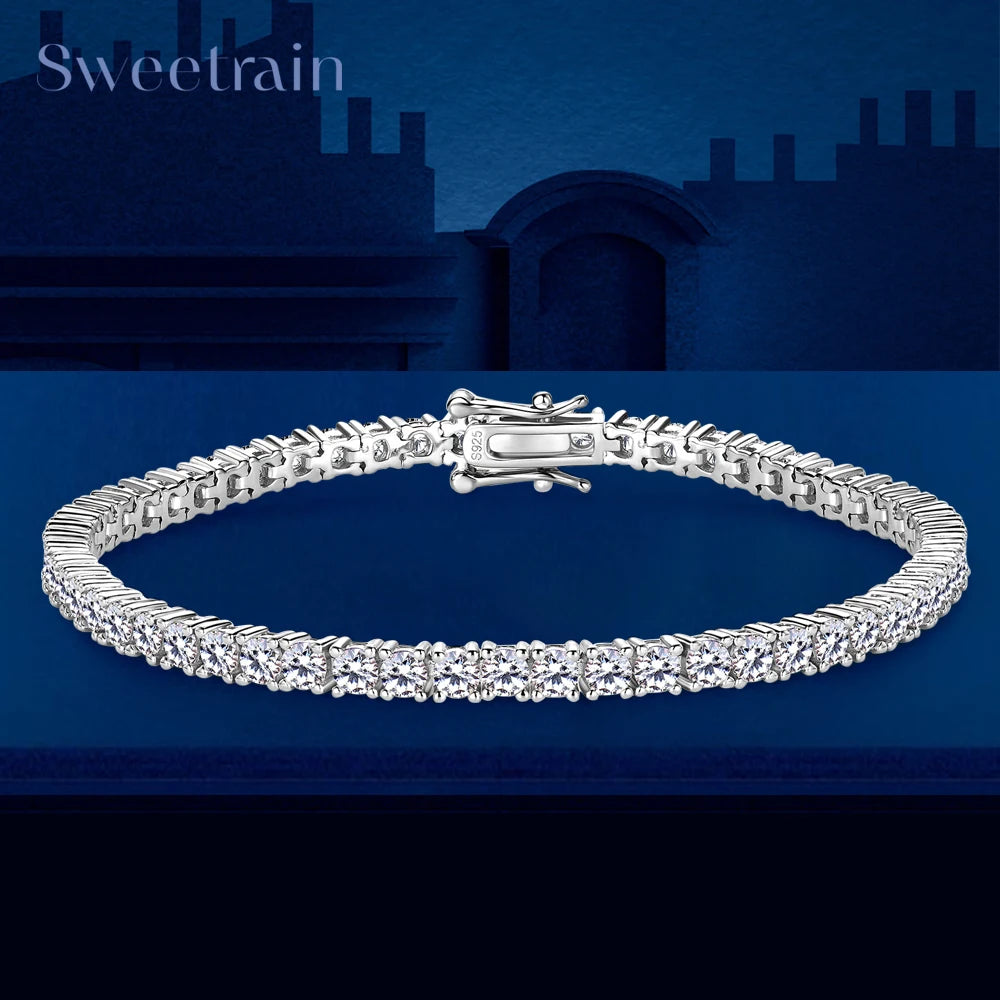 Sweetrain 3mm D VVS1 Moissanite Tennis Bracelet S925 Sterling Silver Plated 18k White Gold Diamond Tennis Bracelets for Women