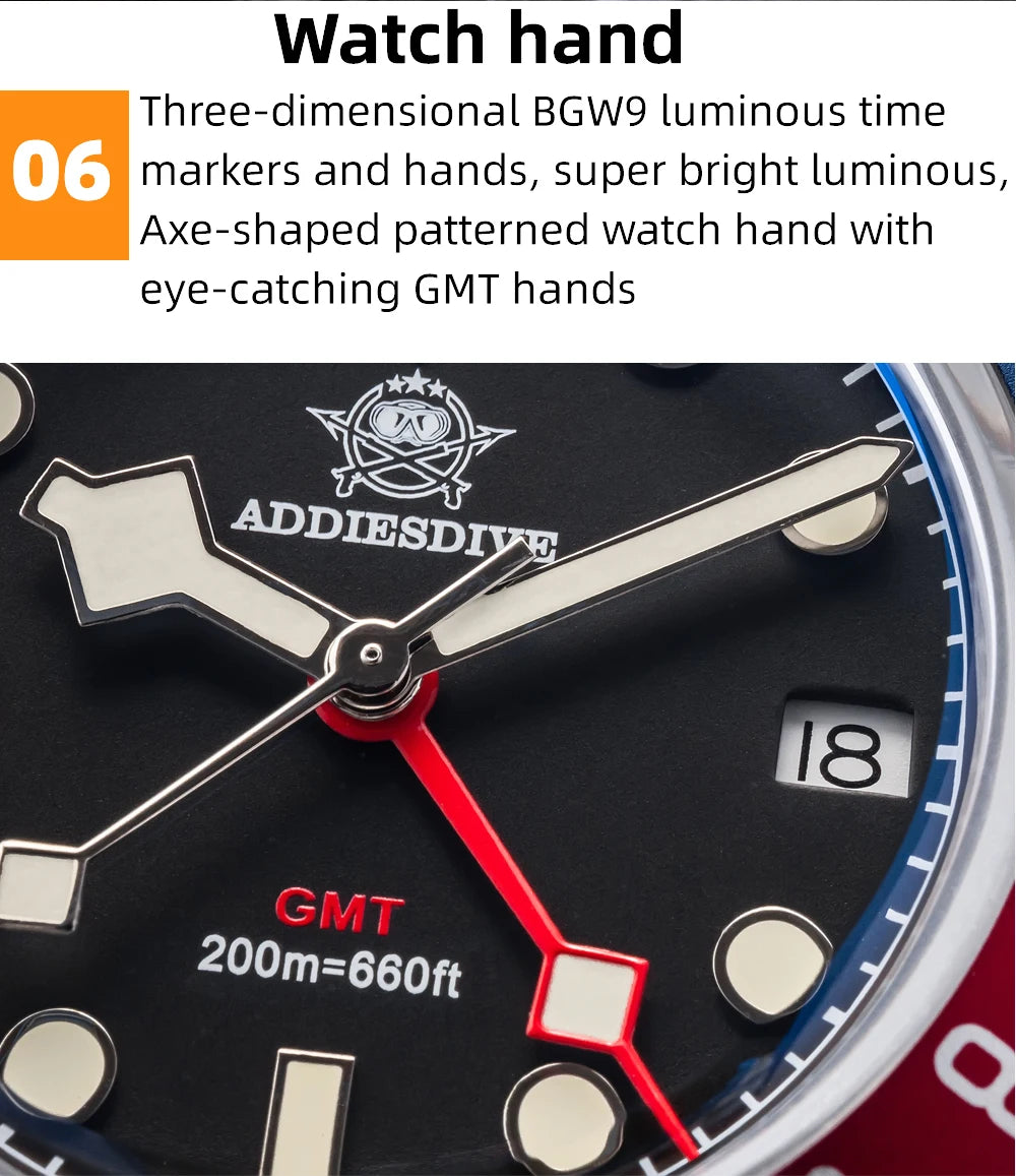 ADDIESDIVE Luxury GMT515-24H Men's Watch Diver 200m Bubble Mirror Glass BGW9 Super Luminous Stainless Steel Men's Analog Watches
