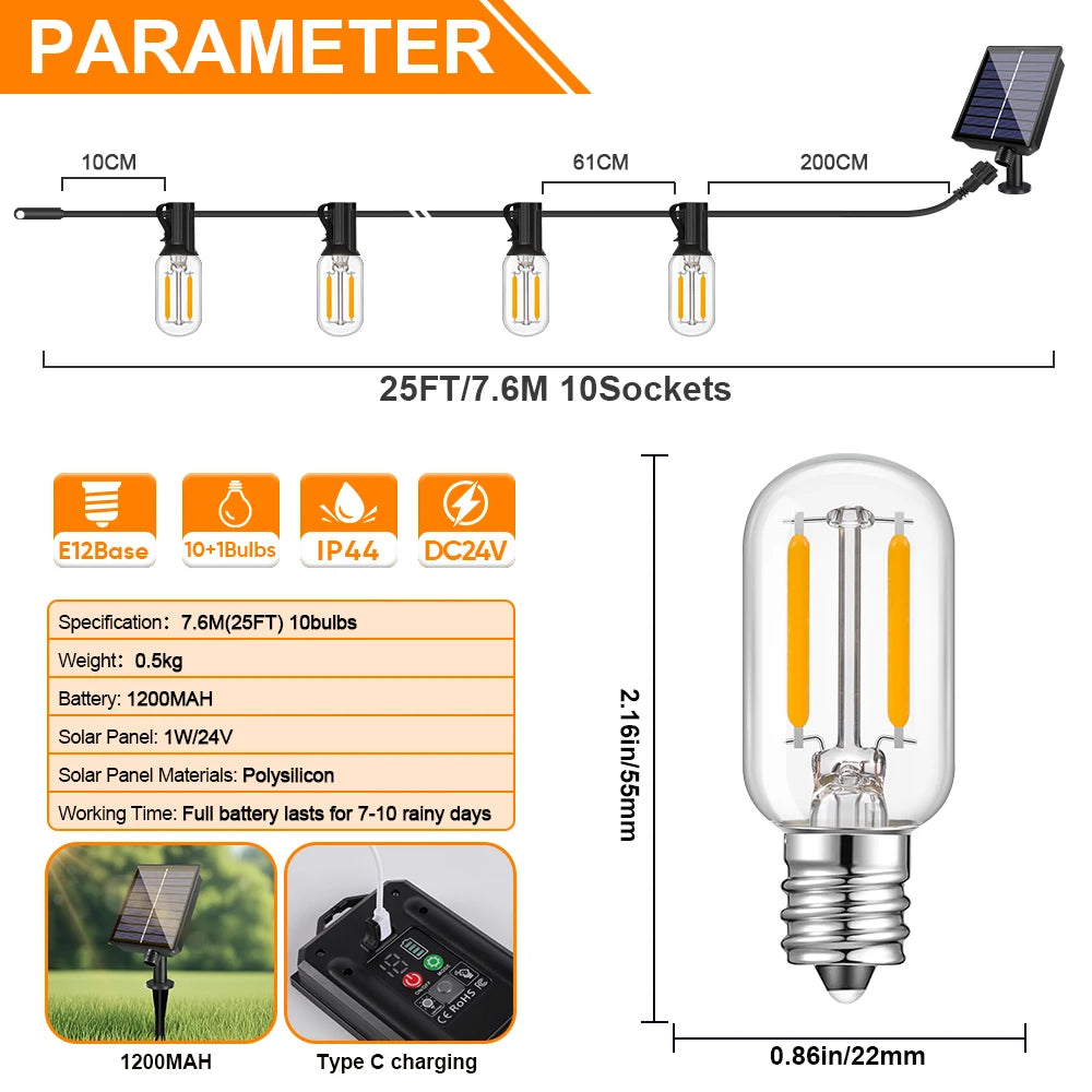 Solar String Light Outdoor Waterproof T22 Bulbs LED Solar Powered Patio Lights for Outside Porch Backyard Bistro Garden Market