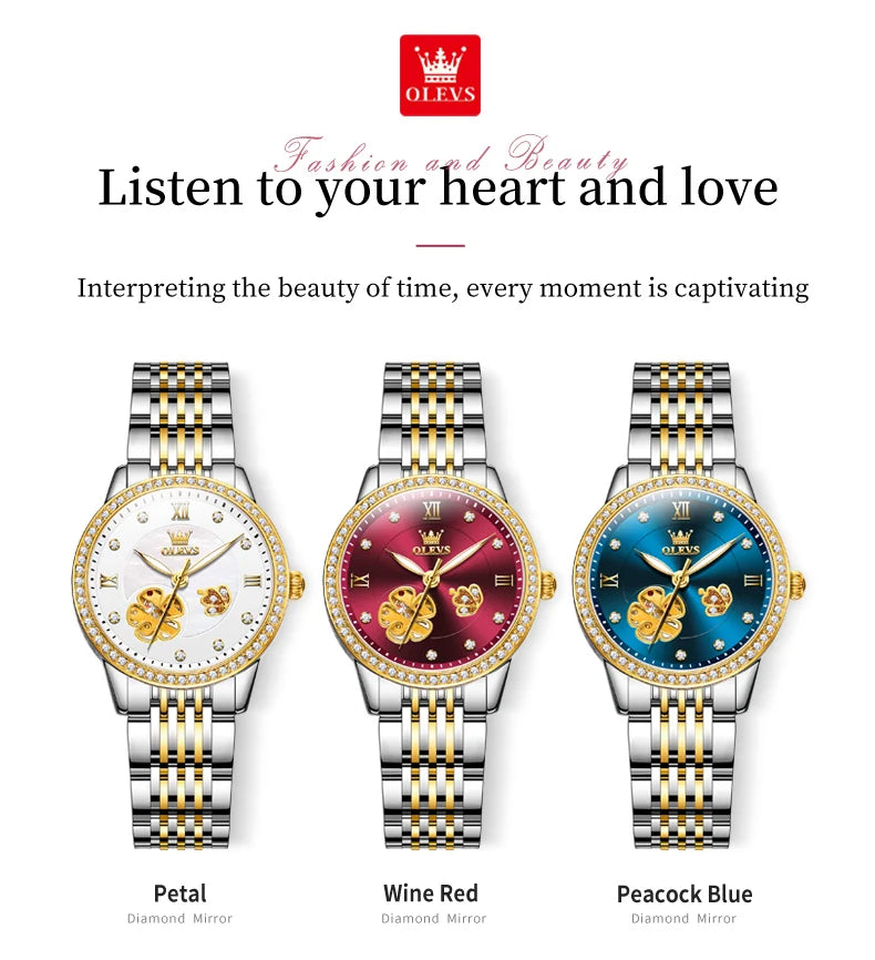 OLEVS 6706 Elegante Damenuhr mit Diamanten, wasserdicht, mit Nachtlicht, Automatikwerk, mechanisches Uhrwerk, Geschenkset