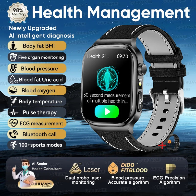 2025 New AI Human Health diagnosis ECG+HRV Smart Watch Blood Pressure Uric acid Blood lipid Bluetooth Call Smartwatch Men Women