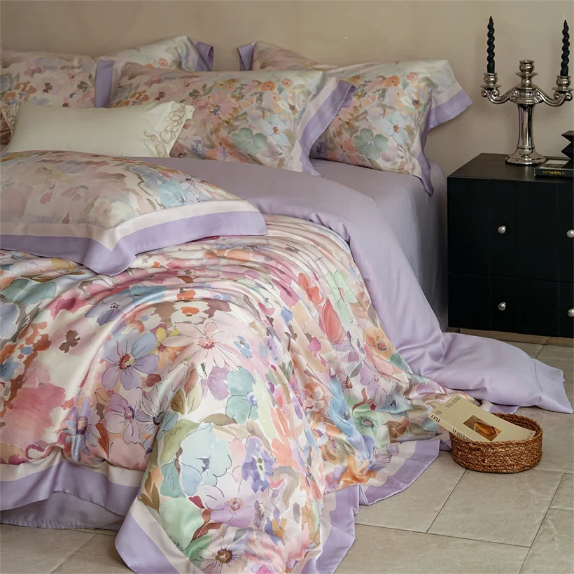 Luxury 22mm Mulberry Silk Bedding Set Romantic Floral Duvet Cover Pillowcases Bed Sheet Set Luxury Bed Linen King Queen Size