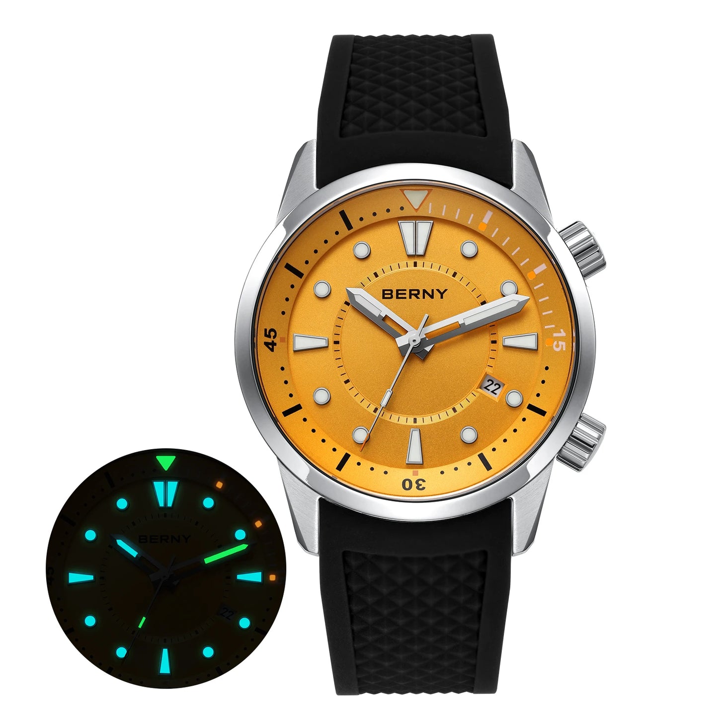 BERNY Automatic Diver Men Watch 200M Waterproof Miyota 8215 Sappire AR Coated Silicone Sports Swim Wristwatch Men's Diver Watch