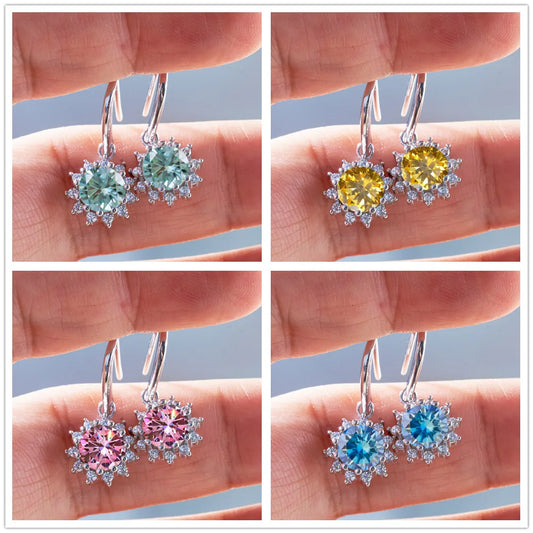 1ctx2pcs women pink royalblue gold color moissanite women drop earrings sunflower shape