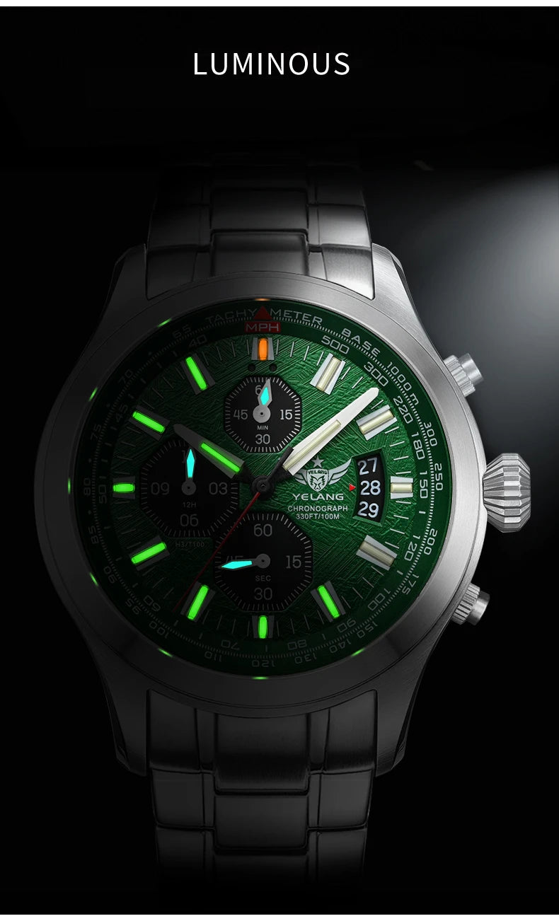 Yelang V1029S Men's Quartz Watch Japan OS00 Movement Business Luminous Stainless Steel 10Bar Waterproof Sports Watches