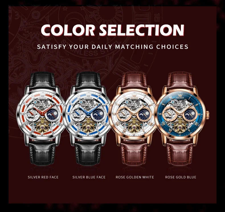 OLEVS 6670 Mechanical Fashion Watch Genuine Leather Watchband Round-dial Moon Phase Month Display