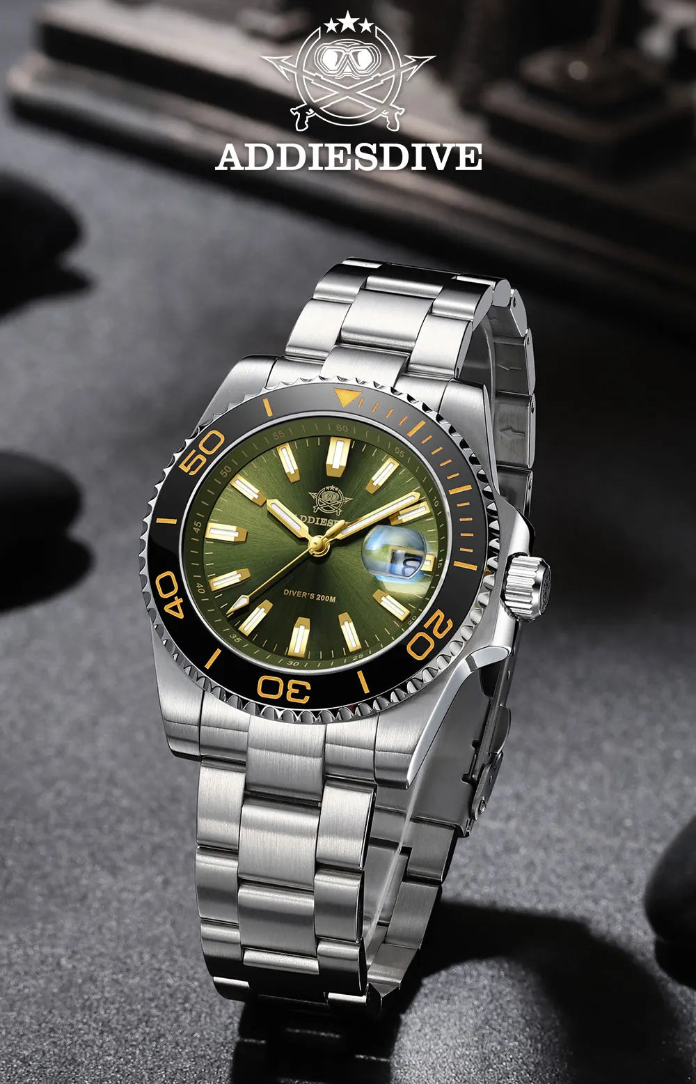 ADDIESDIVE New AD2510 Luxury Men's Diving Watch 41mm BGW9 Luminous Enamel Dial Screw-down Crown Durable Stainless Steel Strap