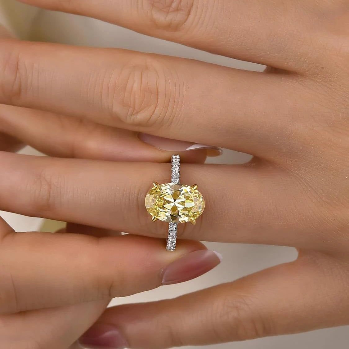 FIRERING 100% S925 Silver 8x12MM Yellow High Carbon Diamond Ring, Women's Eternal Jewelry Gift