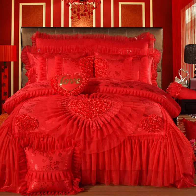 Red Jacquard Satin Cotton Bedding Set Luxury Heart-shaped Lace Princess Wedding Duvet Cover Bed Sheet Bedspread Pillowcases