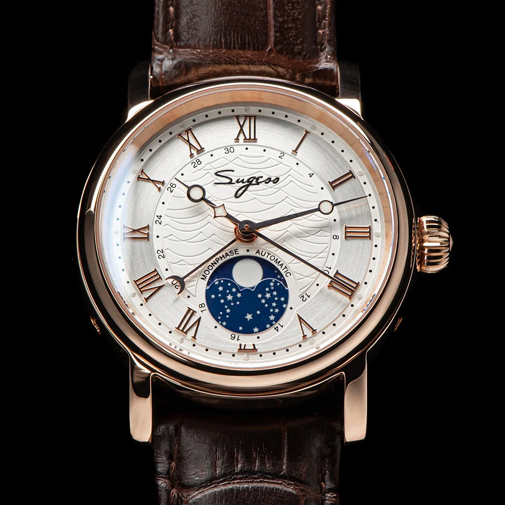 Sugess Watches for Men Automatic Mechanical Watch Moonphase Tianjin ST2108 Waterproof Date Hands Sapphire Crystal Rome Wave Dial