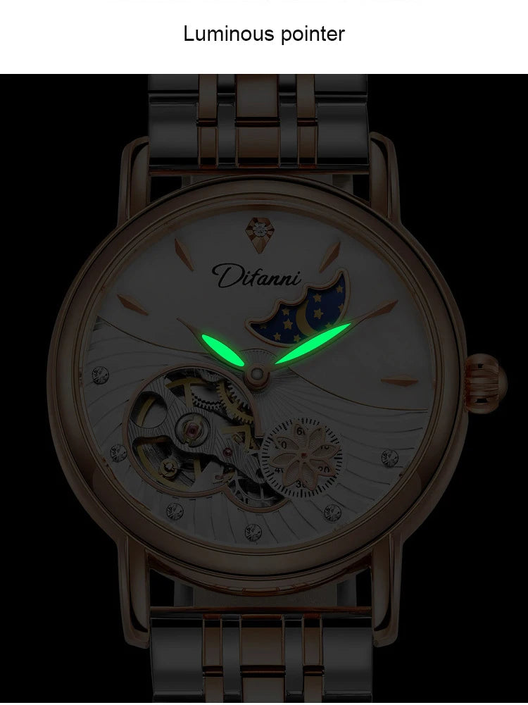 Fashion Brand Women Automatic Mechanical Watches Diamond Wristwatch Ladies Moon Plate Business Dress Waterproof Luminous Clock