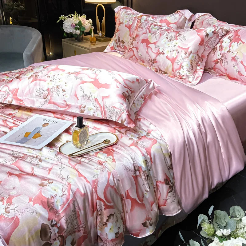 Floral Silk Bedding Set with Duvet Cover Bed Sheet Pillowcase Luxury Couple Single Double King Queen Soft Bedsheet Nordic Smooth