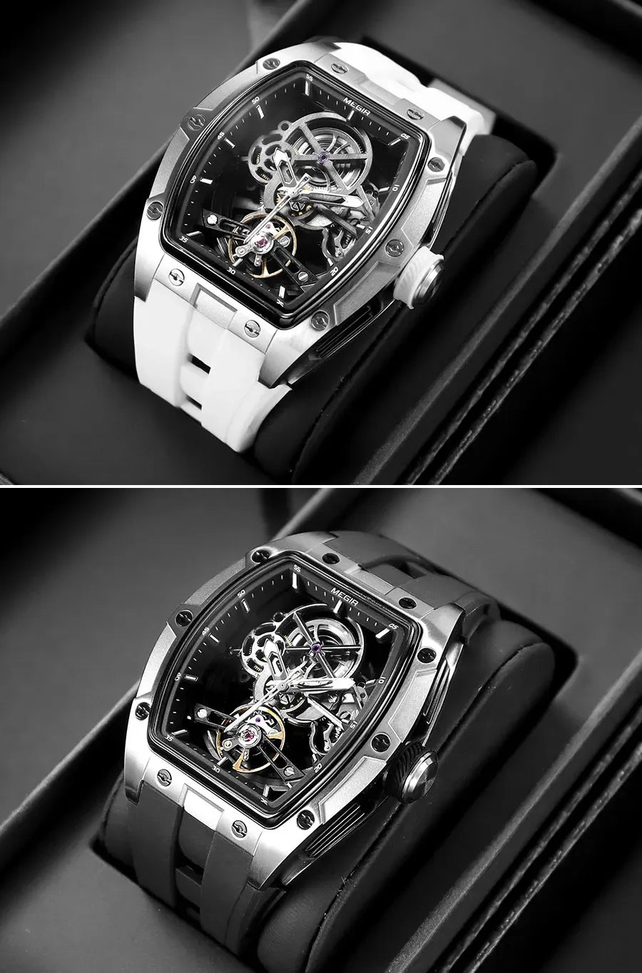 MEGIR Men's Automatic Mechanical Watch with Stainless Steel Case Silicone Band Skeleton Dial Waterproof Sport Wristwatch