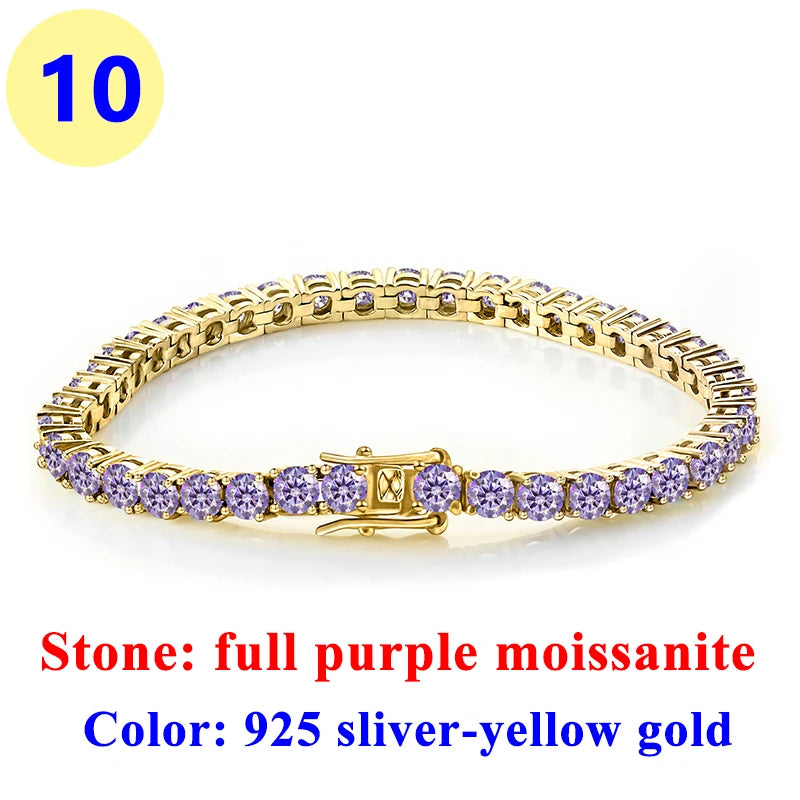 3MM Pink Full Moissanite Tennis HipHop Blue Green Yellow Purple Bracelet S925 Sliver Plated White Gold Bracelet for Women Men