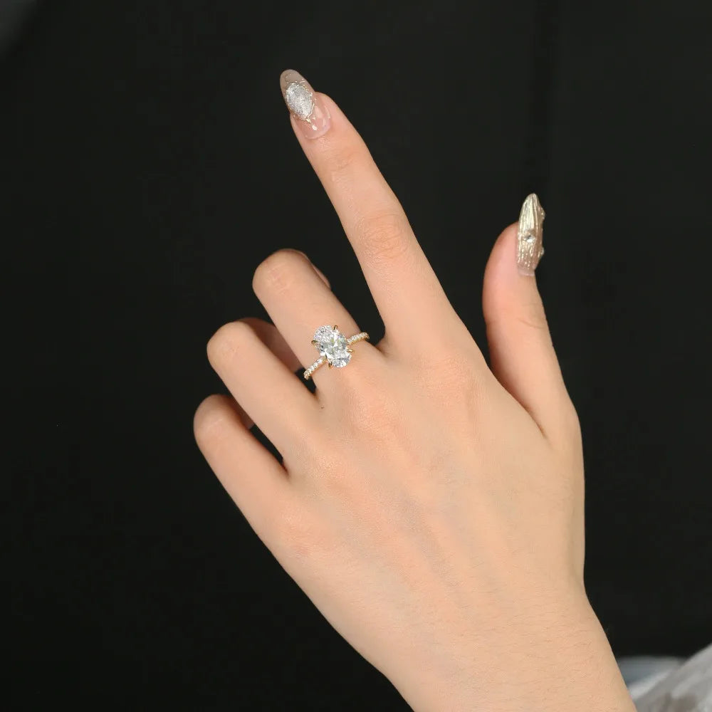 4.5CT Oval Cut Full Moissanite Engagement Ring for Women S925 Silver Plated 18K Gold Hidden Halo Diamond Wedding Band JewelryGRA