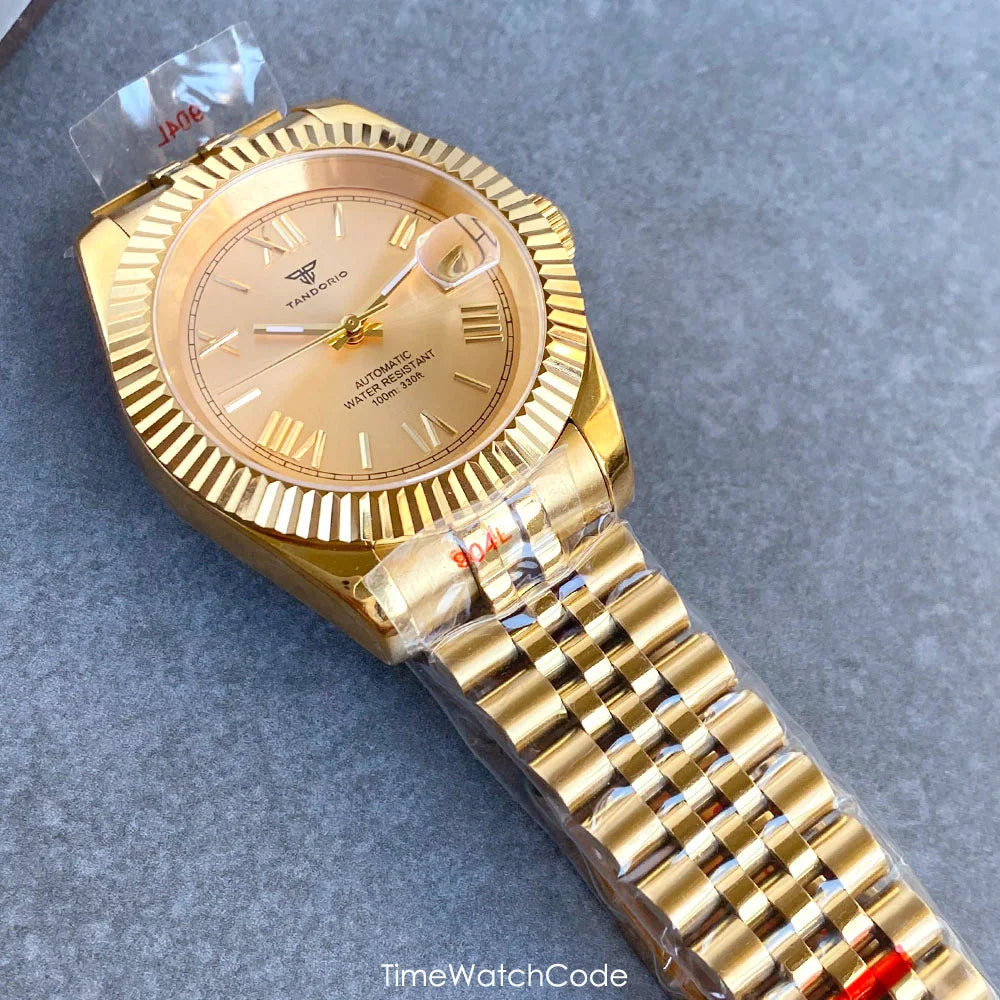 Montre automatique de luxe Tandorio Business pour homme, mouvement NH35A, cadran classique à chiffres romains, lunette cannelée, verre saphir, 36/39 mm