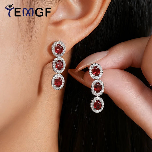 TEMGF 4*6mm Oval Cut Ruby Gemstone Drop Earrings S925 Sterling Silver Tassels Ear Studs for Women Fashion Luxury Fine Jewelry