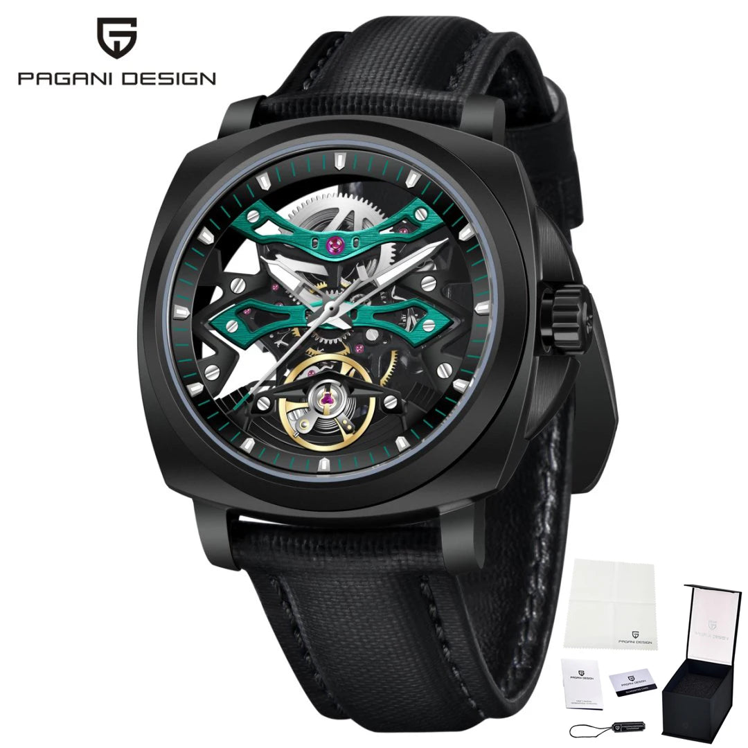 PAGANI DESIGN Herren Sportuhr, mechanische Automatik, quadratisches Design, Leder, wasserdicht, leuchtend, Geschenkidee für Feste, Herrenuhr + Box