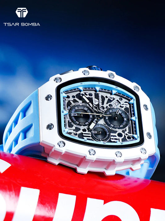 TSAR BOMBA Resin Watch for Men Tonneau Waterproof Mens Watches Top Brand Luxury Chronograph Sport Male White Wristwatches