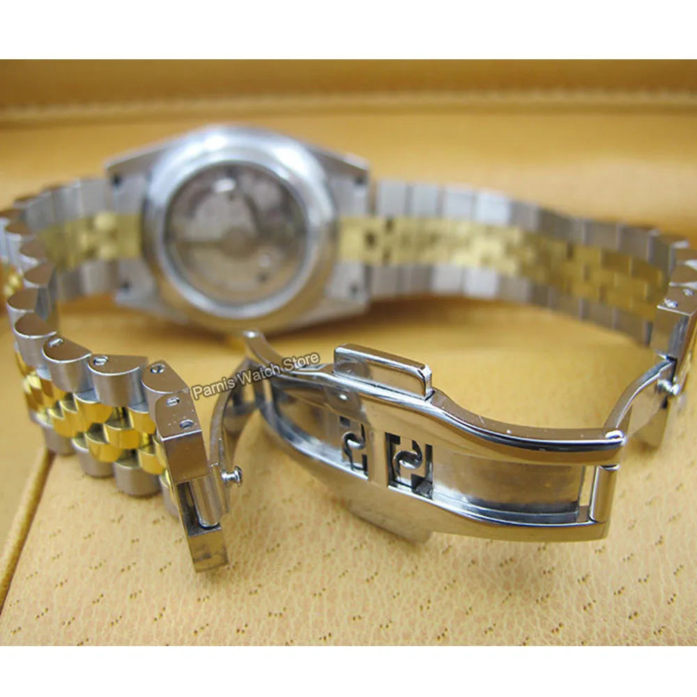 Parnis 36mm Gold Color Luminous Mark Automatic Men's Wristwatch 5 ATM Stainless Steel Jubilee Bracelet