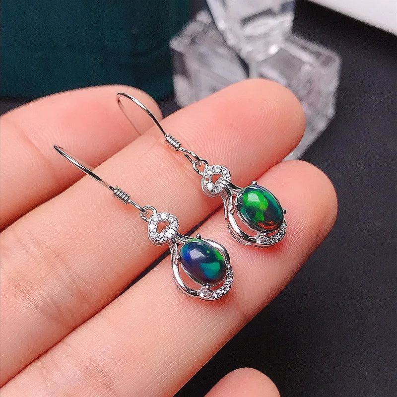 MeiBaPJ 5*7 Natural Black Opal Gemstone England Ear Drop Earrings for Women Real 925 Sterling Silver Charm Fine Wedding Jewelry