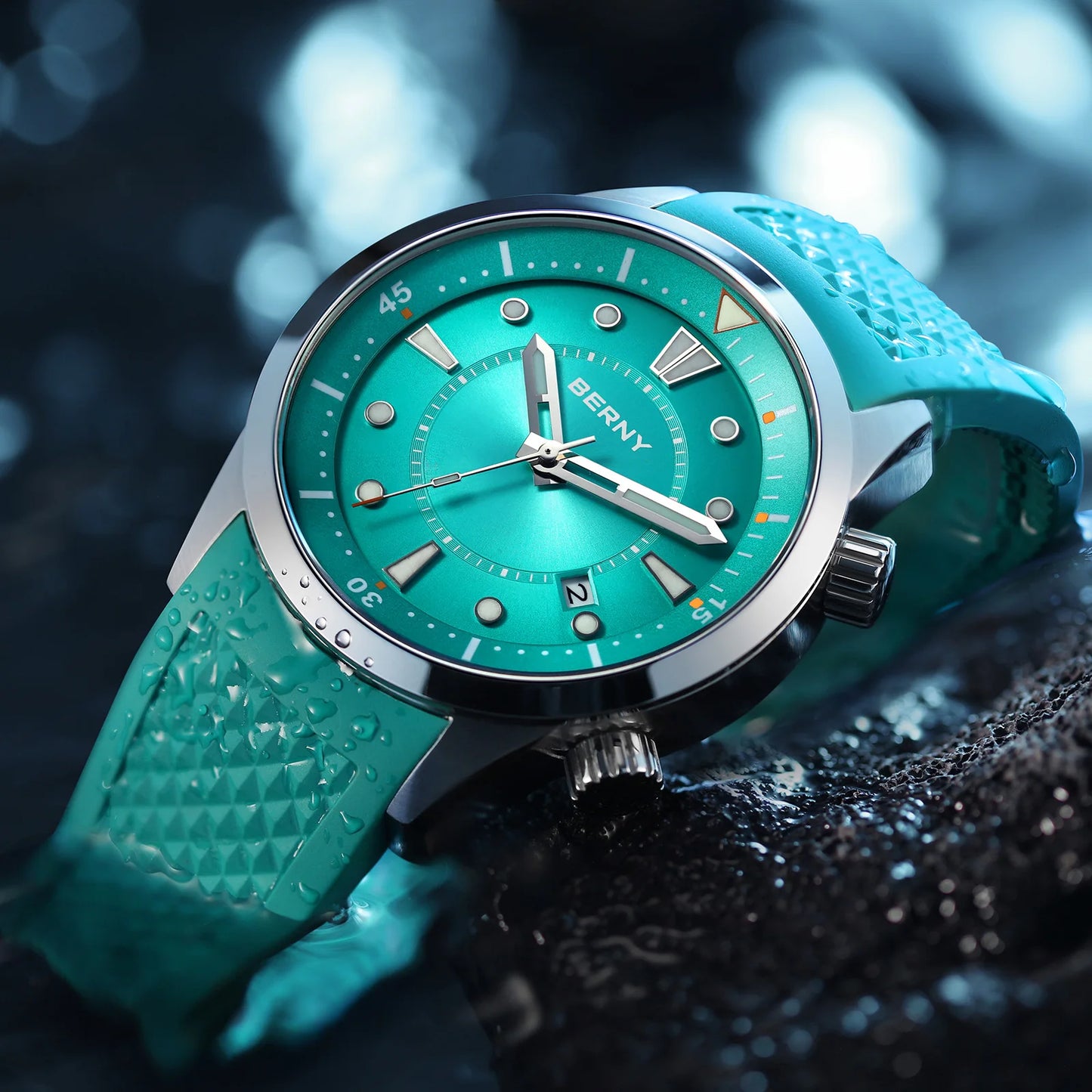 BERNY Automatic Diver Men Watch 200M Waterproof Miyota 8215 Sappire AR Coated Silicone Sports Swim Wristwatch Men's Diver Watch