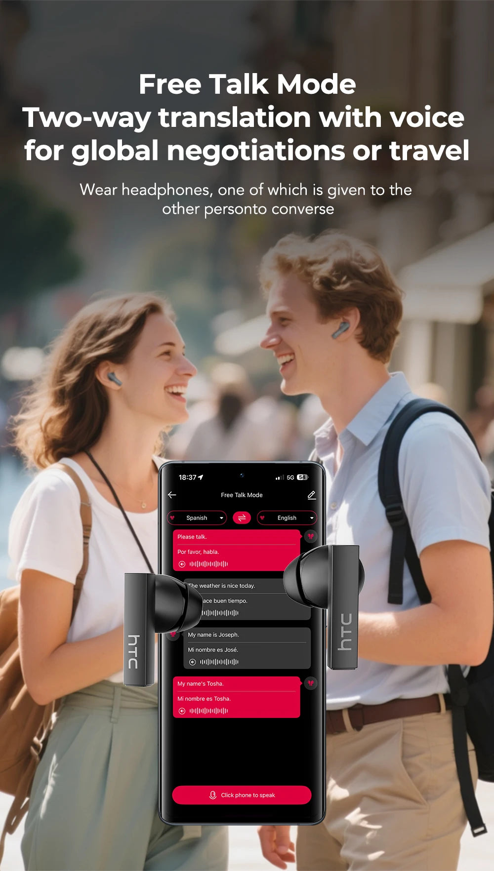 HTC NE40 Earphones Bluetooth V6 TWS Sports AI Translator Earbud Noise Reduction Wireless Headphones With Mic