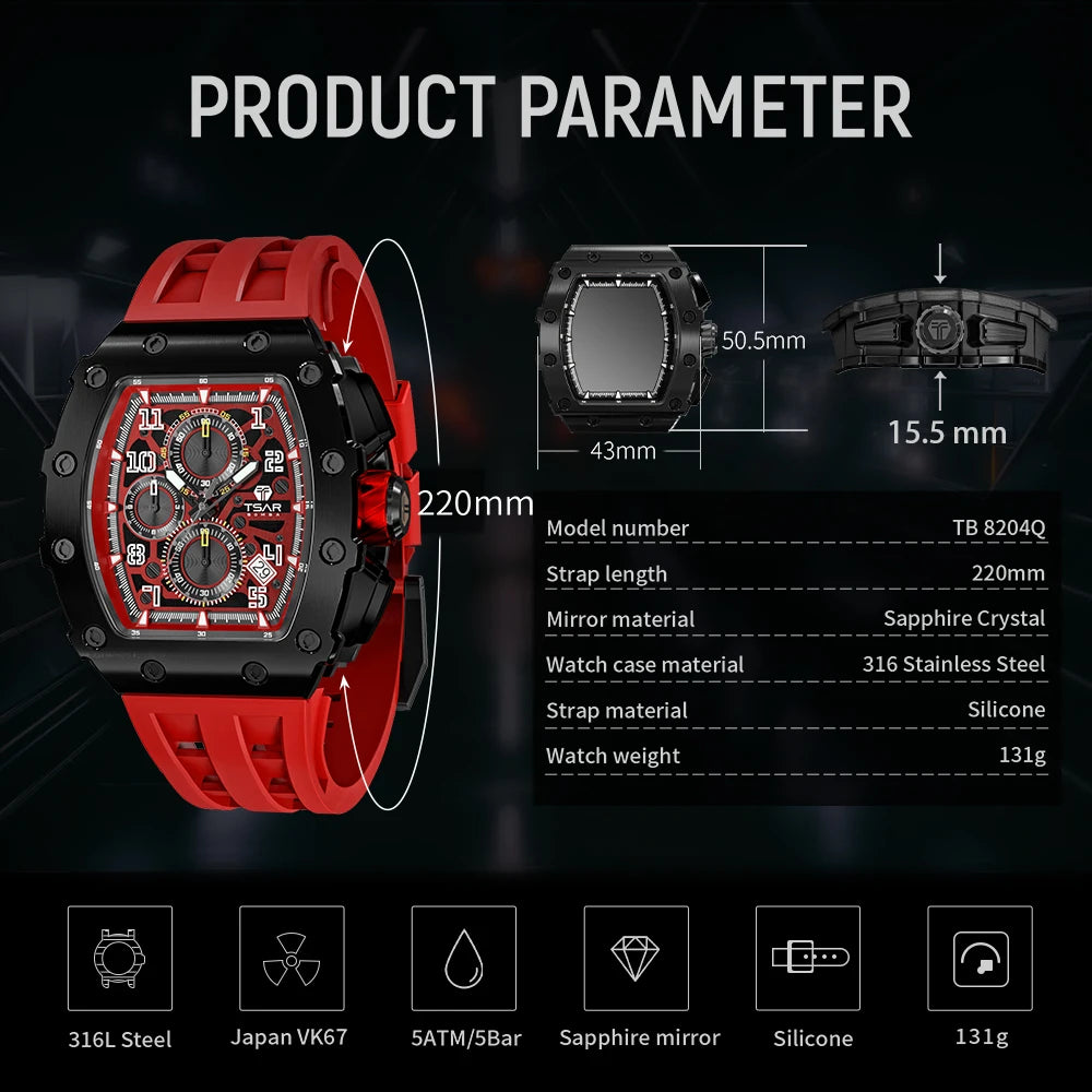 TSAR BOMBA Tonneau Mens Watches Sapphire Crystal Red Wristwatch Waterproof Chronograph Date Clock Luxury Christmas Gift for Men