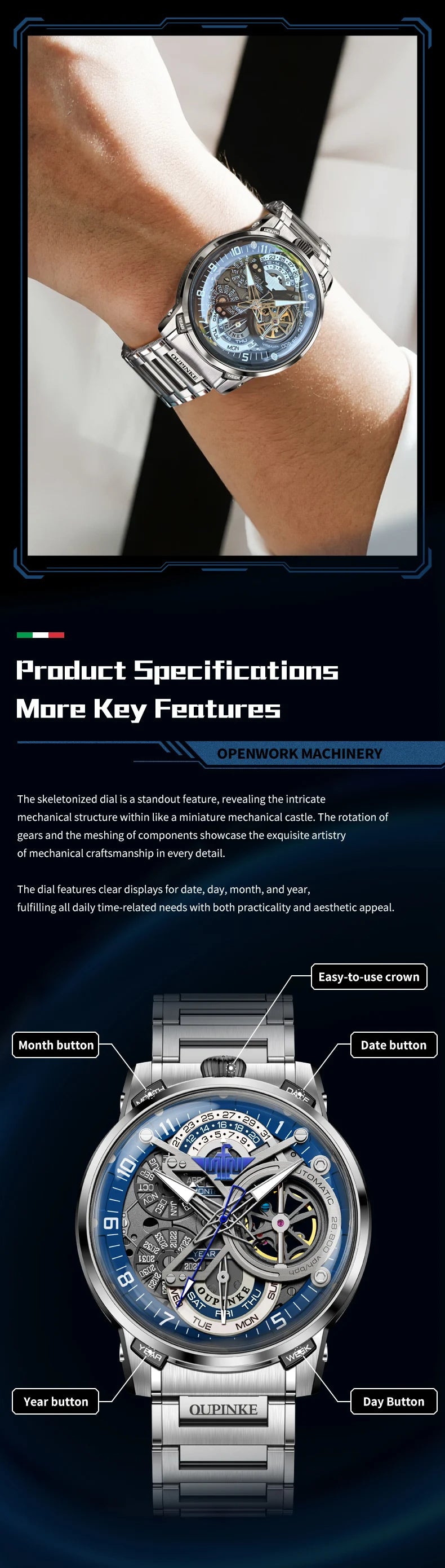 OUPINKE 3278 Herrenuhr, Luxus-Automatikuhr mit Schwungrad, Skelett-Uhrwerk, 50 m wasserdicht, Edelstahl 316L