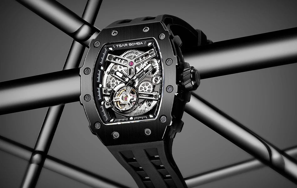TSAR BOMBA Automatic Watch for Men Waterproof Watch Tonneau Stainless steel Mechanical Wristwatch Silicone Strap Luxury Gift