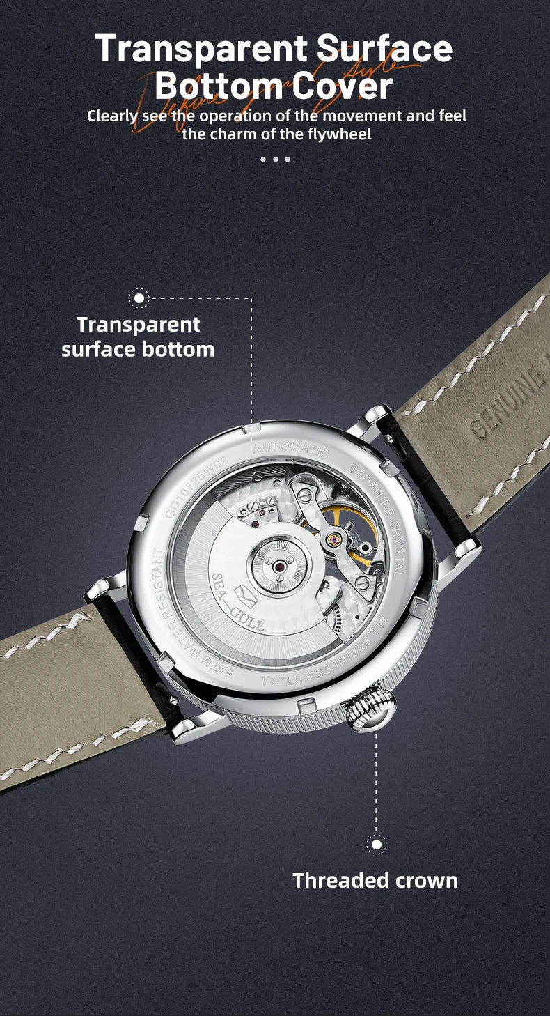 Montre homme haut de gamme Flywheel, montre de luxe à cadran Clous de Paris, étanche à 5 bars, mouvement mécanique automatique Seagull.