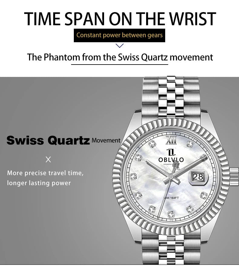 OBLVLO Men's Elegant Diamonds Bezel Two Tone Bracelet Quartz Watch with Date Fashion MOP Dial Business Watches for Men RX-PE-D