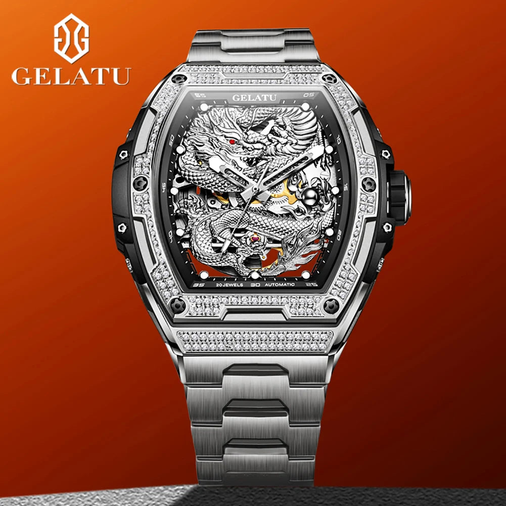 GELATU 6021 Men's Watch Fashion Automatic Mechanical Watch For Men Hollow Waterproof Luminous Dragon Dial Luxury Man Wristwatch