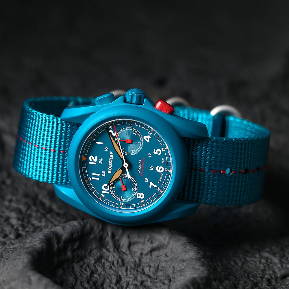 BODERRY Men's Field Watches Titanium Mechanical Chronograph Top Brand Wristwatch 100M Waterproof Clock Military Watch for Men