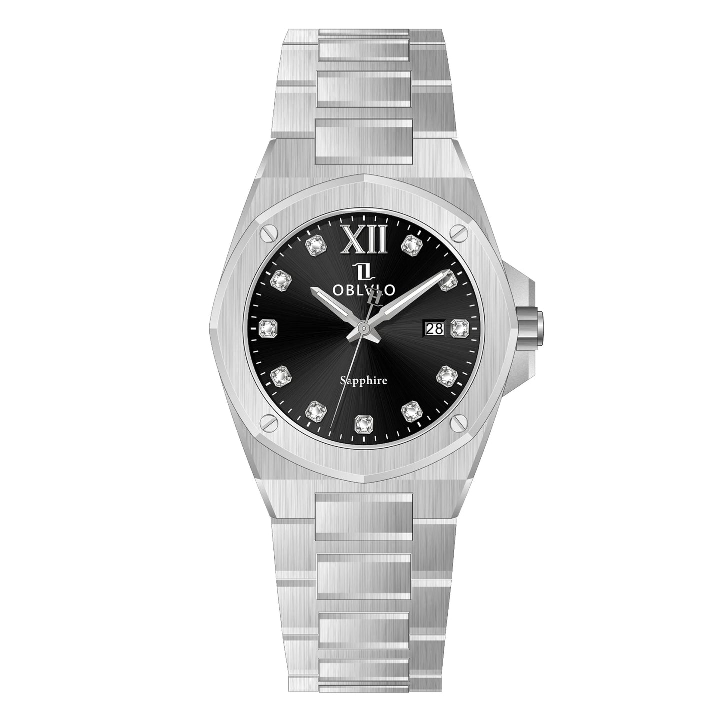 OBLVLO Herren-Armbanduhr mit achteckiger Lünette, blauem Zifferblatt, Datumsanzeige, Quarzwerk, wasserdicht, ideal für Paare (AWM)