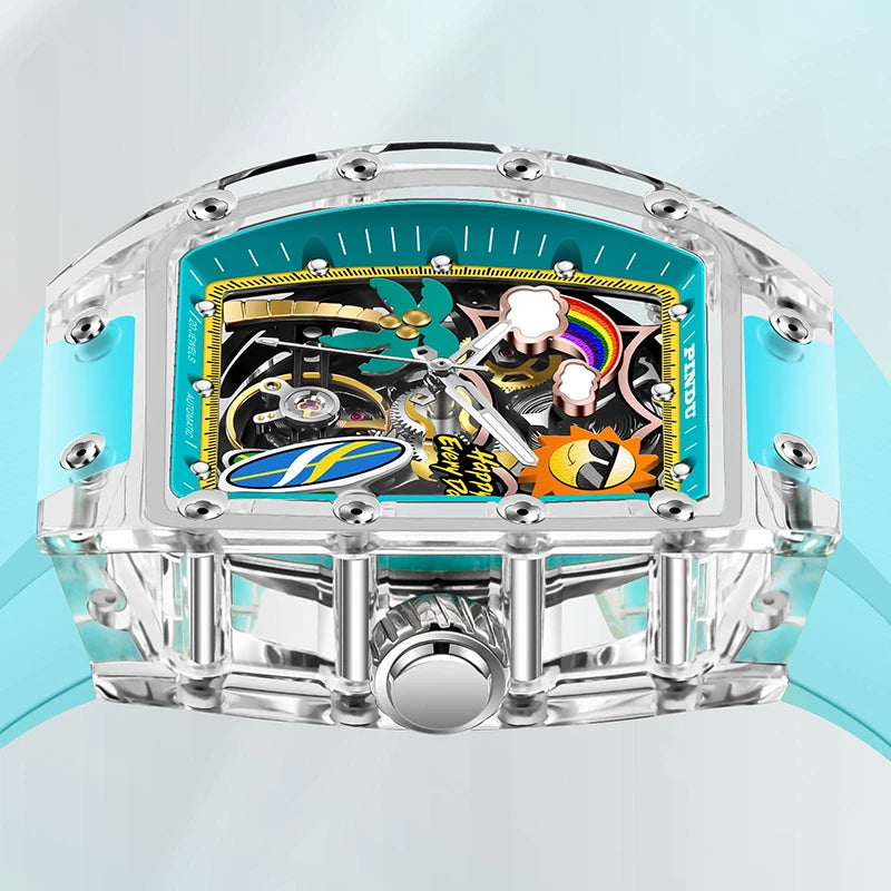 New PINDU Watch Unique Dial Design Style Men Mechanical Watch Summer Beach Fashion Watch Glowing Waterproof Resin silicone strap