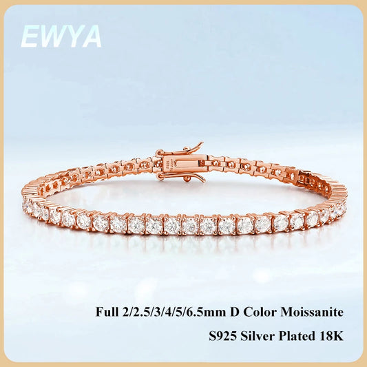 EWYA Real D Color Full 2/2.5/3/4/5/6.5mm Moissanite Tennis Bracelet For Women S925 Plated 18K Rose Gold Diamond Link Bracelets