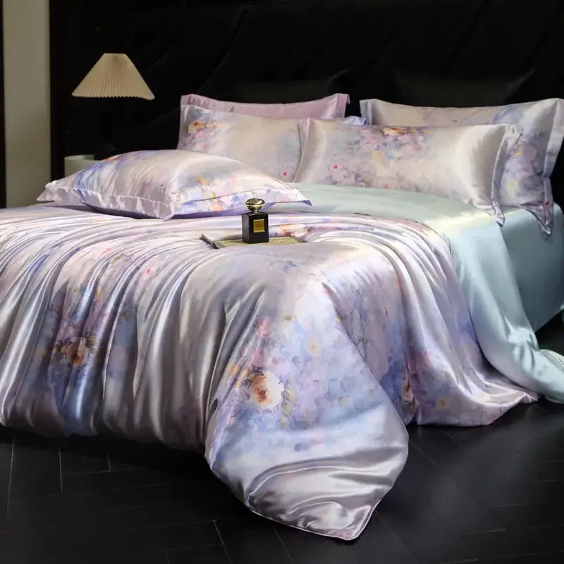 100% Natural Mulberry Silk Fitted Sheet Bedding Sets 3D Printed Satin Cooling Quilt Cover Set for Summer Single Double Bed Kit