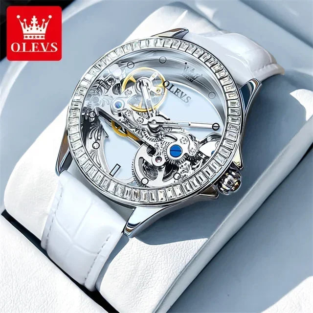 OLEVS Fully Hollow Watch for Women Automatic Mechanical Women's Watches Luminous Luxury Stainless Steel Diamond Inlay Wristwatch