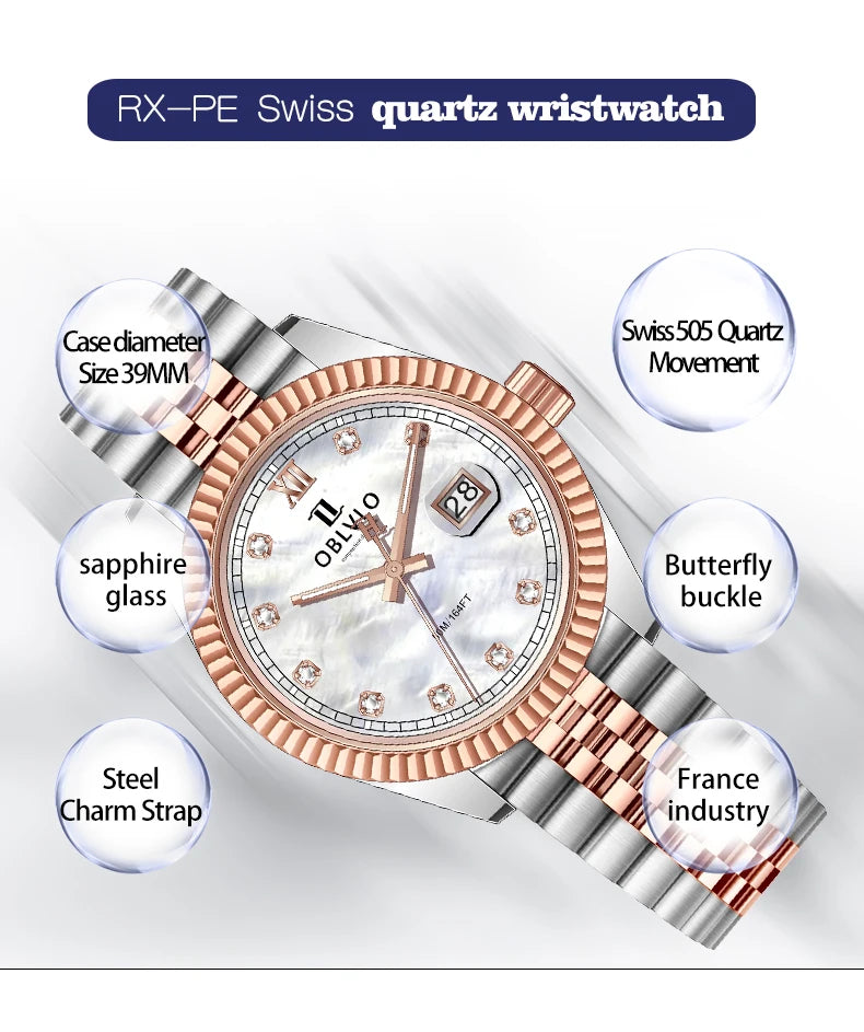 OBLVLO Men's Elegant Yellow Gold Red Dial Bracelet Quartz Watch with Date Fashion Green Dial Business Watches for Men RX-PE