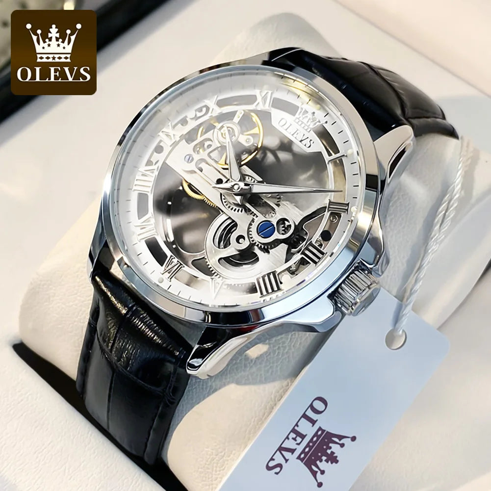 OLEVS Trend Fashion Men's Watches Casual Leather Strap Hollow Out Self-winding Movement Original Automatic Mechanical Wristwatch