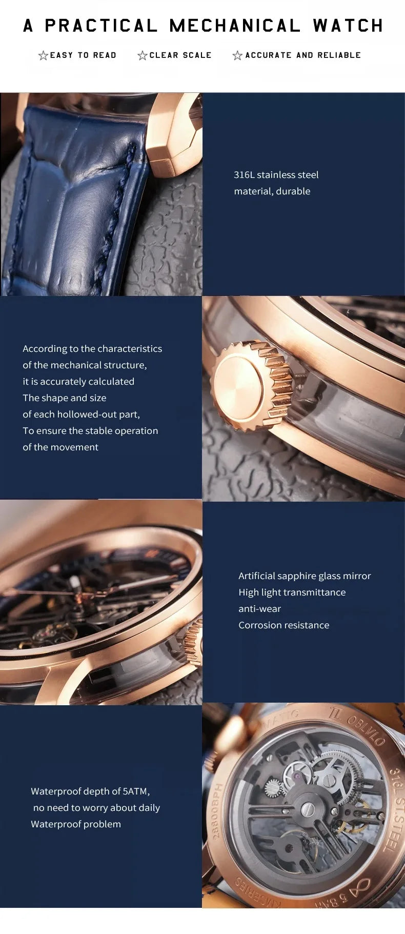 OBLVLO Men Automatic Watch 42MM Fashion Watches Mechanical Wristwatch 5AMT Waterproof Sapphire Luminous Skeleton Dial