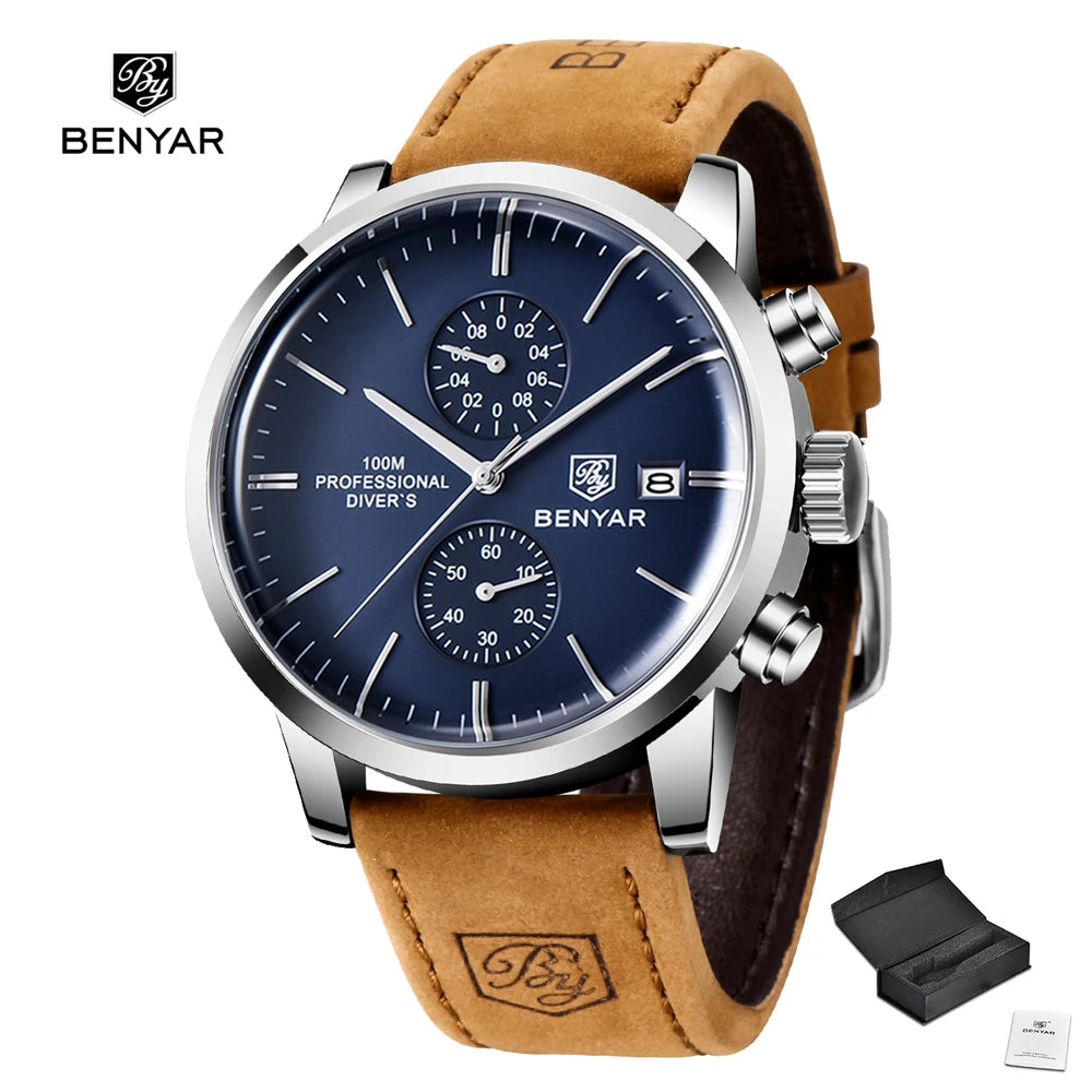 BENYAR Men Quartz Wristwatches Luxury Brand Chronograph Leather Sports Watch For Men Military 100M Waterproof Reloj Hombre 2023