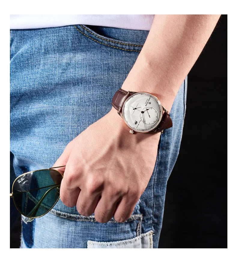 Reef-Tiger /RT Men Luxury Watch Rose Gold Mechanical Watch Brown Leather Strap Analog Watches Relogio Masculino RGA82B0