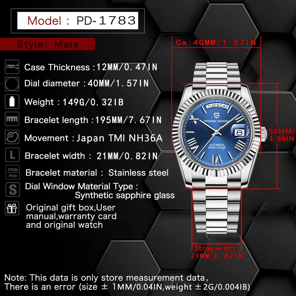 PAGANI DESIGN 2025 New Blue DD40 Luxury Automatic Watch For Men Mechanical Wristwatch Men Japan NH36A Movt Sapphire crystal