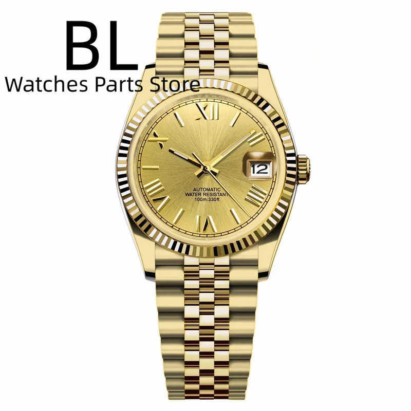 BLIGER 36mm39mm Two-tone Rose Gold Black Dial Watch For Men Date Fluted Bezel Sapphire Glass Rose Roman Index Jubille Bracelet